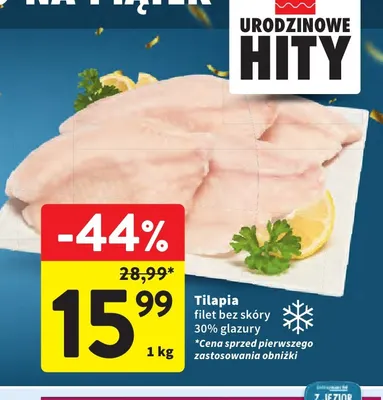 Tilapia filet bez skóry 30% glazury promocja w Intermarche