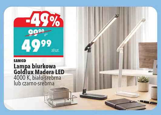 Lampa biurkowa Sanico Goldlux Madera LED biało-srebrna promocja w Biedronka