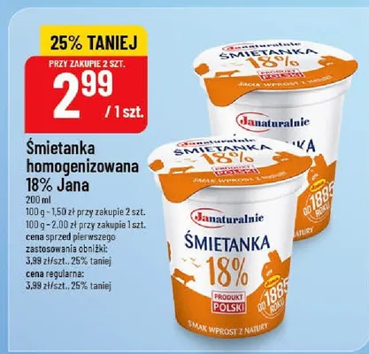 Śmietanka homogenizowana 18% Jana promocja w POLOmarket