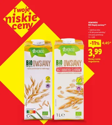 Napój owsiany bez dodatku cukrów Vemondo promocja w Lidl