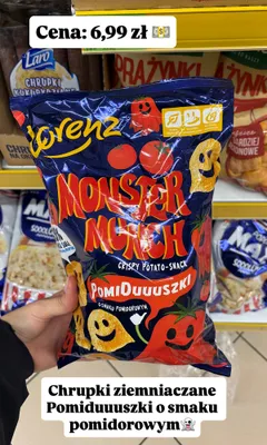Chrupki ziemniaczane Lorenz Monster Munch Pomiduuuszki o smaku pomidorowym promocja w Dino