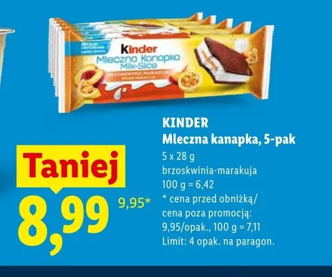 Mleczna kanapka Kinder brzoskwinia-marakuja 5-pak promocja w Lidl