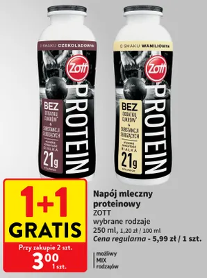 Napój mleczny proteinowy o smaku czekoladowym Zott promocja w Intermarche