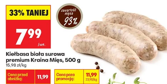 Kiełbasa biała surowa premium Kraina Mięs 93% mięsa promocja w Biedronka