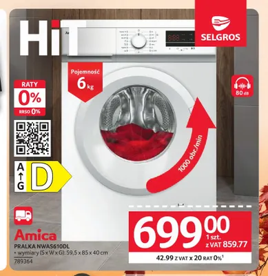 Pralka NWAS610DL Amica promocja w Selgros