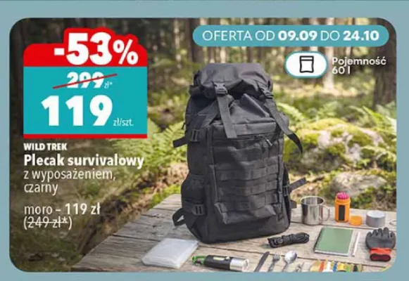 Plecak survivalowy z wyposażeniem moro Wild Trek promocja w Biedronka