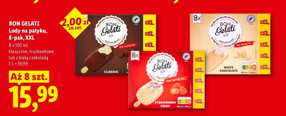 Lody na patyku klasyczne Classic Bon Gelati 8-pak XXL promocja w Lidl
