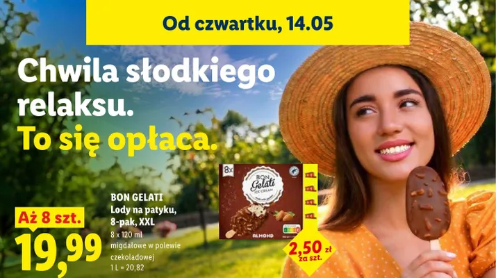 Lody na patyku BON GELATI migdałowe w polewie czekoladowej 8-pak XXL promocja w Lidl