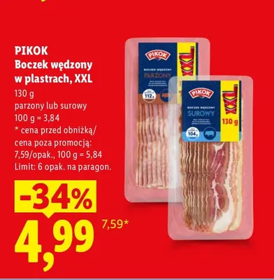 Boczek wędzony w plastrach parzony XXL Pikok promocja w Lidl