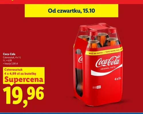 Napój gazowany Coca-Cola 4-pak 1 l promocja w Lidl