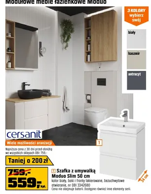 Szafka z umywalką Cersanit Moduo Slim 50cm kolor biały boki i fronty lakierowane bezuchwytowe otwieranie nr OBI 3342680 promocja w OBI