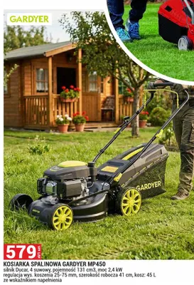 Kosiarka spalinowa Gardyer MP450 silnik Ducar 4-suwowy pojemność 131cm3 moc 2,4kW regulacja wys. koszenia 25-75mm szerokość robocza 41cm kosz 45l ze wskaźnikiem napełnienia promocja w Merkury Market