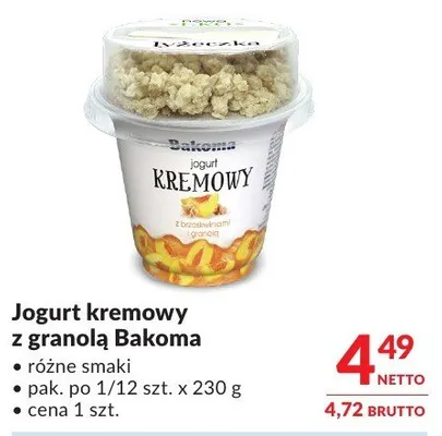 Jogurt kremowy z granolą Bakoma promocja w Makro