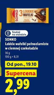Lekkie wafelki pełnoziarniste w ciemnej czekoladzie Sonko promocja w Lidl