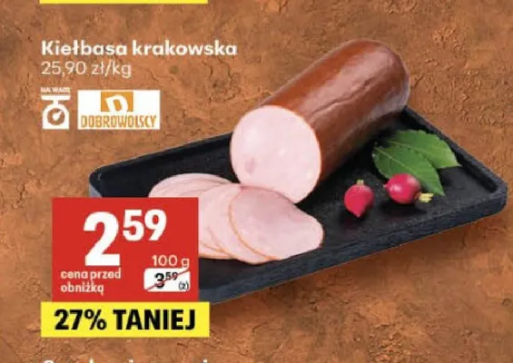 Kiełbasa krakowska Dobrowolscy promocja w Delikatesy Centrum