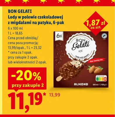Lody w polewie czekoladowej z migdałami na patyku Bon Gelati 6-pak promocja w Lidl