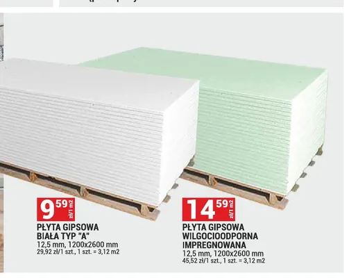 Płyta gipsowa wilgocioodporna impregnowana 12,5 mm 1200x2600 promocja w Merkury Market
