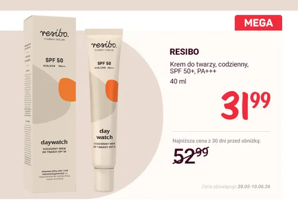 Krem do twarzy codzienny RESIBO SPF 50+ PA+++ promocja w Rossmann