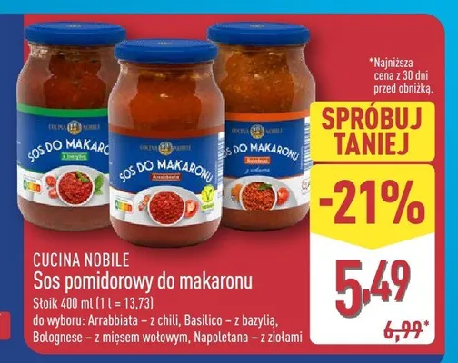 Sos pomidorowy do makaronu Arrabbiata z chili, Basilico z bazylią, Bolognese z mięsem wołowym, Napoletana z ziołami promocja w Aldi