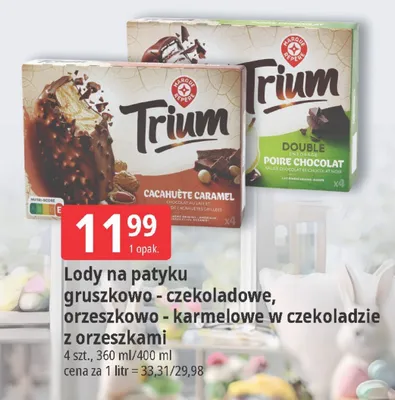 Lody na patyku gruszkowo - czekoladowe, orzeszkowo - karmelowe w czekoladzie z orzeszkami promocja w Leclerc