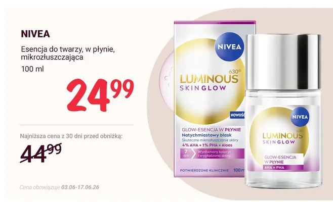 Esencja do twarzy w płynie mikrozłuszczająca Nivea Luminous 630 Skin Glow promocja w Rossmann