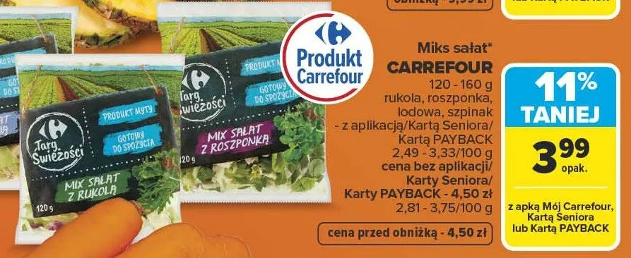 Miks sałat - rukola, roszponka, lodowiec, szpinak Carrefour promocja w Carrefour