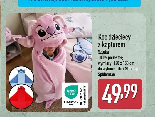 Koc dziecięcy z kapturem Spiderman 120x150cm promocja w Aldi