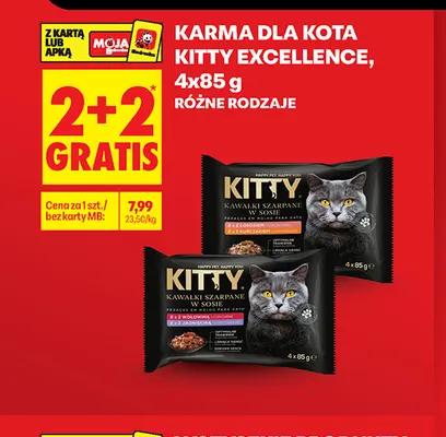 Karma dla kota Kitty Excellence kawałki szarpane w sosie z łososiem i z kurczakiem 4-pak promocja w Biedronka