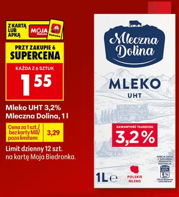 Mleko UHT 3,2% Mleczna Dolina promocja w Biedronka