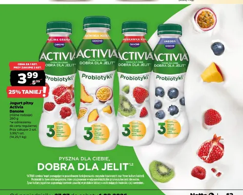 Jogurt pitny Activia Brzoskwinia Marakuja Danone promocja w Netto
