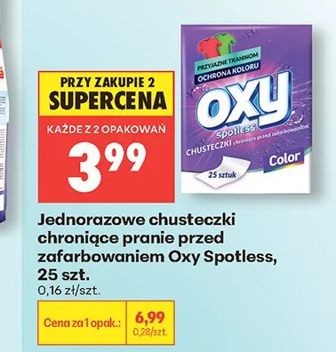Jednorazowe chusteczki chroniące pranie przed zafarbowaniem Oxy Spotless 25szt. promocja w Biedronka