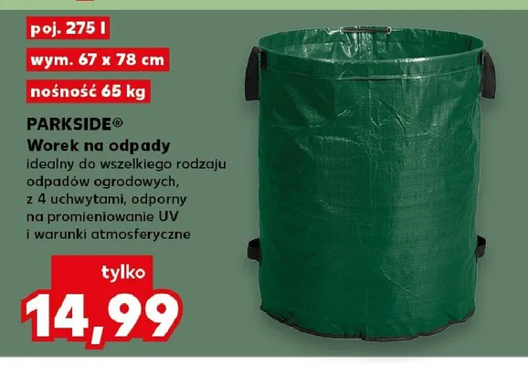 Worek na odpady PARKSIDE poj. 275l wym. 67x78cm nośność 65kg promocja w Kaufland