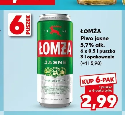Piwo Łomża Jasne 5,7% alk. 6-pak 0,5l promocja w Kaufland