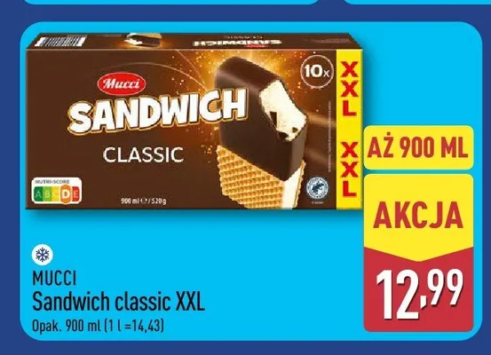 Lody Sandwich classic XXL 10-pak 90ml Mucci promocja w Aldi