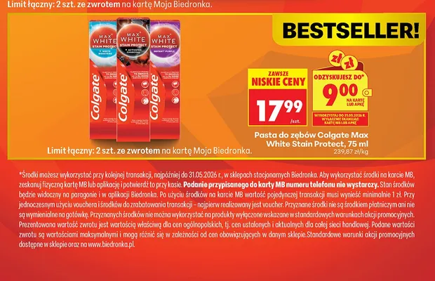 Pasta do zębów Colgate Max White Stain Protect promocja w Biedronka