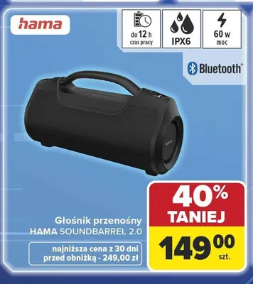 Głośnik przenośny HAMA Soundbarrel 2.0 60W IPX6 promocja w Carrefour