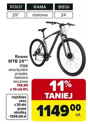 Rower MTB 29" Itek amortyzator przedni, hamulce tarczowe 114,90 x 10 rat 0% promocja w Carrefour