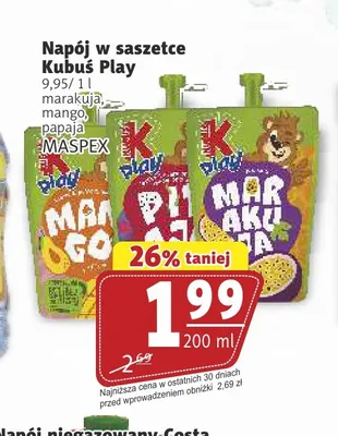 Napój w saszetce Kubuś Play papaja promocja w Prim Market