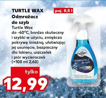 Odmrażacz do szyb Turtle Wax do -60°C, bardzo skuteczny i szybki w użyciu, zmiękca pokrywę śnieżną, ułatwiając jej usunięcie, bezpieczny dla lakieru, uszczelek i plór wycieraczek promocja w Kaufland