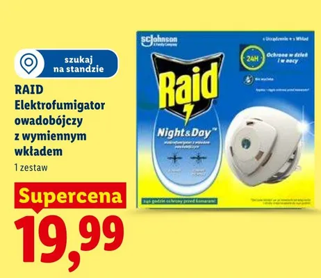 Elektrofumigator owadobójczy z wymiennym wkładem Raid Night&Day promocja w Lidl