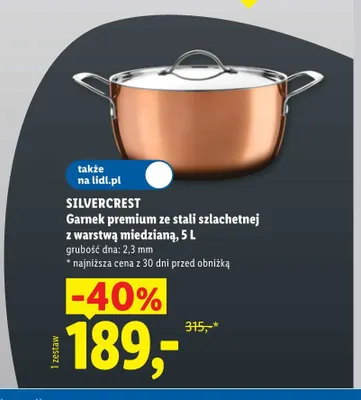 Garnek premium ze stali szlachetnej z warstwą miedzianą 5 l Silvercrest promocja w Lidl