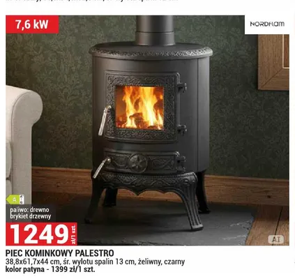 Piec kominkowy Palestro żeliwny czarny Nordflam promocja w Merkury Market