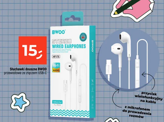 Słuchawki douszne BWOO przewodowe ze złączem USB-C promocja w Dealz