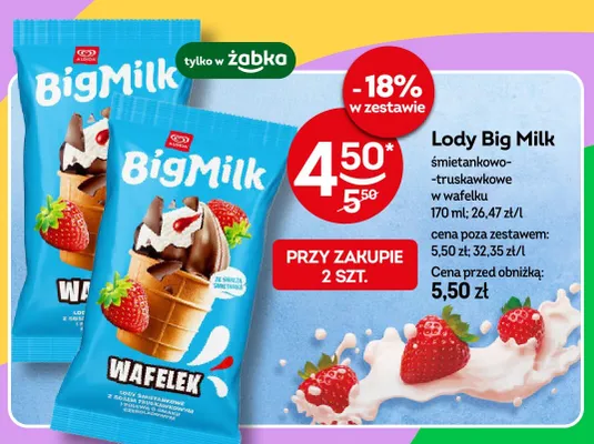 Lody Big Milk śmietankowo-truskawkowe w wafelku promocja w Żabka