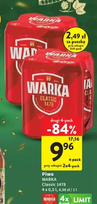 Piwo Warka Classic 1478 4-pak promocja w Intermarche
