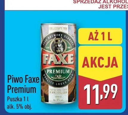 Piwo Faxe Premium puszka 1 l alk. 5% obj. promocja w Aldi