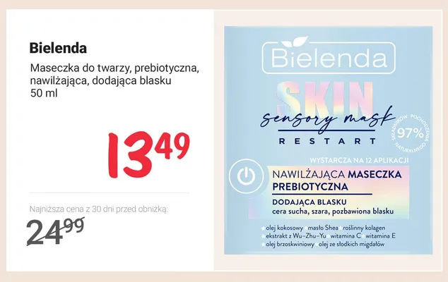Maseczka do twarzy prebiotyczna nawilżająca dodająca blasku Bielenda Skin Sensory Mask Restart promocja w Rossmann