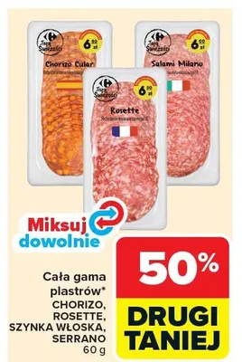 Cała gama plastrów chorizo rosette, szynka serrano promocja w Carrefour