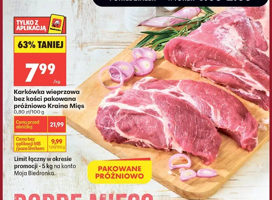 Karkówka wieprzowa bez kości pakowana próżniowo Kraina Mięs promocja w Biedronka