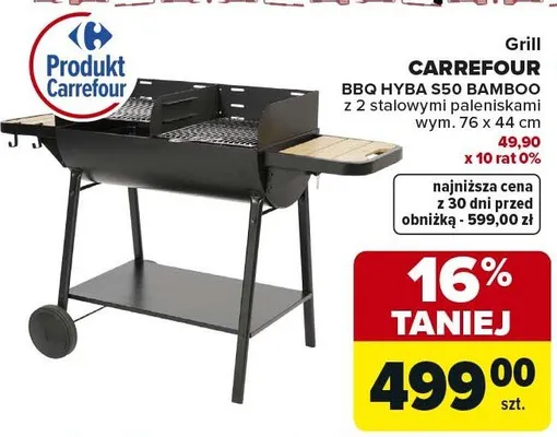Grill węglowy BBQ Hyba S50 Bamboo z 2 stalowymi paleniskami wym. 76 x 44 cm promocja w Carrefour